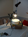 timelapse setup: sony f-717, jg-rc2 (lower left corner), lighting, and bowl with frogspawn. 2008-04-07, Sony F828.