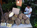 frau mit durian-stand || foto details: 2008-08-15, koh samui, thailand, Pentax W60. keywords: durian, stinkfrucht, zibetbaum, durio zibethinus, käsefrucht, thurian