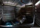 panorama: the inside of the bathroom - complete with toilet, flush water basin (small), shower water basin (big) and multifunction scoop.. 2011-08-28 04:13:38, DSC-F828.