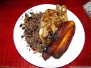 lunch: gallo pinto (rice and beans), fried bananas and meat w/ onions. it tasted a lot better than it looks.