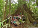 group photo at a giant kapok tree (ceiba pentandra). 2011-02-09 02:18:27, DSC-F828. keywords: kapuk, java cotton, java kapok, silk cotton, ceiba