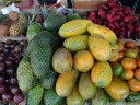 tropical fruit: star apples (chrysophyllum cainito), soursop (annona muricata), papayas (carica papaya), malay apples (syzygium malaccense) and mandarins (citrus reticul. 2011-02-10 01:53:56, DSC-F828. keywords: fruchtstand, obststand