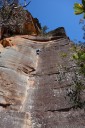 carrie climbs flake crack, mt piddington, blue mountains. 2012-11-18 04:21:49, DSC-RX100.