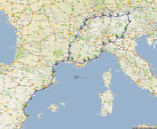 bike09: bike routes one (via italy) and two (via switzerland) from innsbruck, austria to denia, spain (map data: google maps)