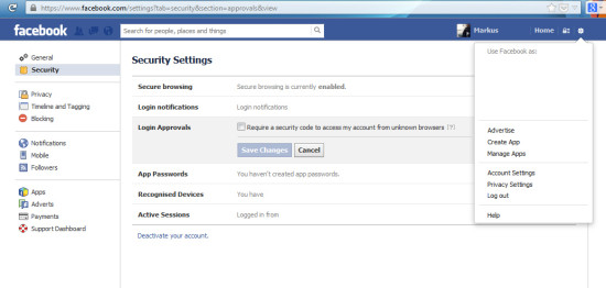 go to facebook's "account settings" page, using the little gear in the top right corner. navigate to "security", "login approvals" and activate the checkbox labeled "require me to enter a security code each time...".