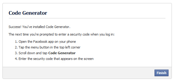 facebook will ask you to confirm that everything's set up correctly by entering your verification code. done.