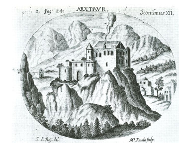 the arx (castle) of thaur - etching by m. rivoli (1699; public domain