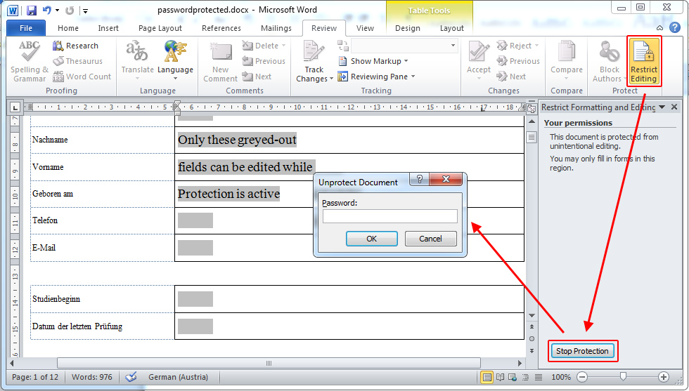 how to unlock a protected word document