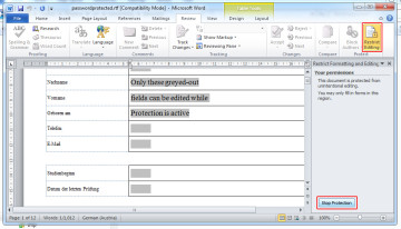 Re-open the modified Rich-Text file in Word, go to "Review", "Restrict Editing" and click on "Stop Protection". Uncheck all tick-boxes. - How to remove unknown passwords from protected Microsoft Word files