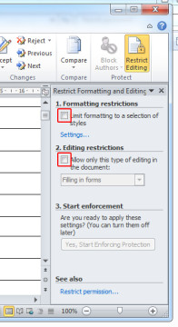 Re-open the modified Rich-Text file in Word, go to "Review", "Restrict Editing" and click on "Stop Protection". Uncheck all tick-boxes. - How to remove unknown passwords from protected Microsoft Word files