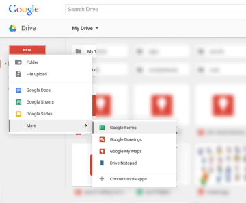 go to drive.google.com, hit the “NEW” button and select “more”, “google forms”.
