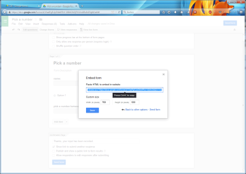 under "confirmation page", we'll include a short sentence à la "your input has been saved", and uncheck the three checkboxes below. click on "send form", and copy both the link to share and the embed code for later reference.
