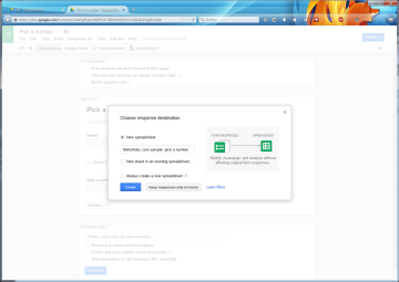 now, let’s set the destination for submitted data, by clicking on “view responses” in the top of the page. select “new spreadsheet”, enter a file name, and uncheck “always create a new spreadsheet”.