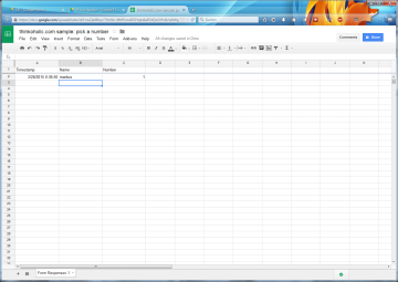 click “create”, and a new tab opens with your spreadsheet with three columns, “timestamp” (time the row was submitted), and our two created fields “name” and “number”.