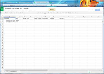 since we’ll create a graph of user-picked numbers over time based on web input, let’s create two more columns that will allow us to do a basic data check before allowing individual rows into the graph. the first one can be called anything, the second should be your desired label for data points in the graph. in our case, i’ll call them “days” (field D1) and “earlier numbers” (E1). next to that, and still in the first row, enter the desired label for your latest data point, which will show the latest user their just-submitted point, e.g. “your number” (F1). in the first row of columns G and H, enter “start date” and today’s date, respectively.