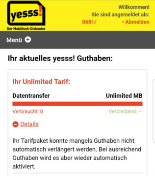 yesss: fehler bei paket-aktivierung durch angeblich mangelndes guthaben