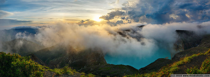 panorama: sunrise over tiwu nua moori koohi fah, kelimutu volcano, flores, indonesia