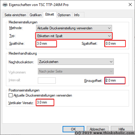 correct print settings for TSC TTP-246M thermal transfer printer