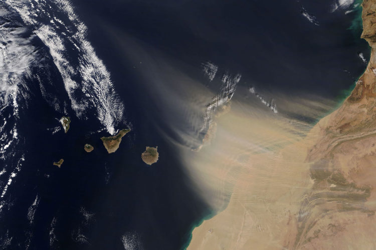 The canary islands are blanketed by a massive sand storm from the Sahara, February 2020. (Picture: Nasa Earth Observatory)