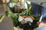 Traditionelle Küche in Samoa: Palusami (unten rechts), Brotfrucht, Taro und Kochbanane im Palmblatt-Teller. (Foto: Markus Nolf / Vom Essen Besessen)